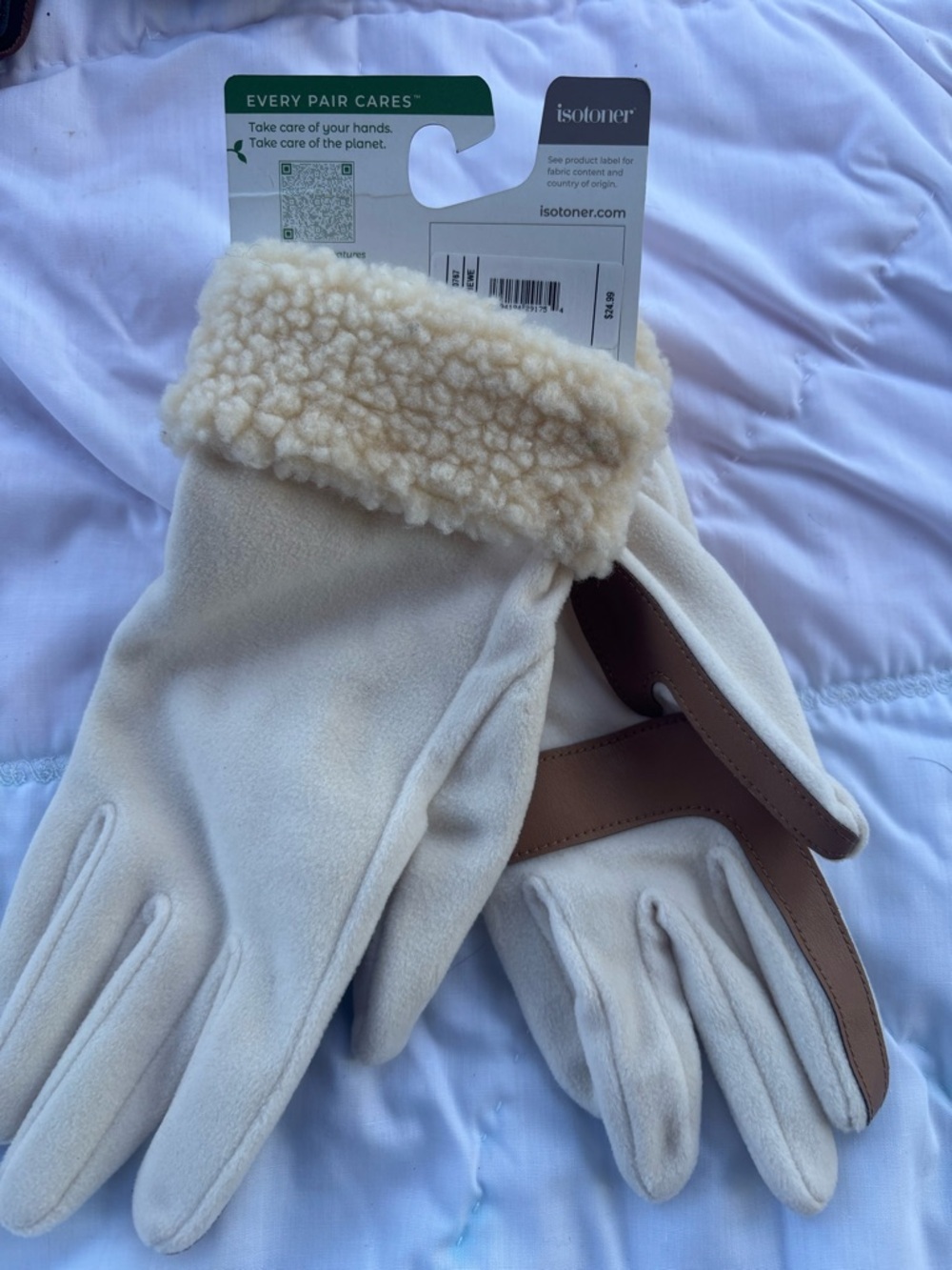 isotoner Cream Fleece-Lined Gloves with Brown Trim
